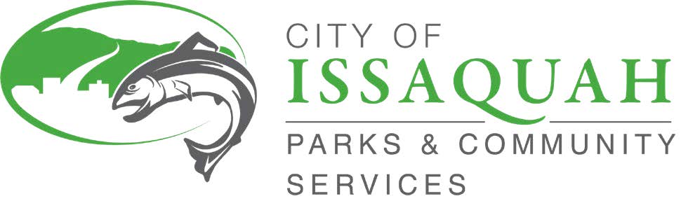 Illustrated grey fish over green cityscape background. City of Issaquah Parks & Community Services Logo